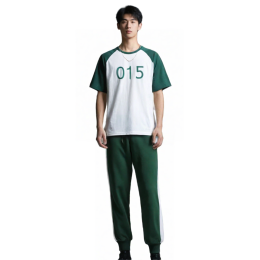 【選購綠白拼色運動套裝】|魷魚遊戲 活動 TEE|健身房|白色短袖T恤|綠色插肩袖剪裁|圓領設計|前胸綠色數字印花|綠色運動長褲配白色側邊條紋|健身教學助理|運動套裝專門店    T1195 【選購綠白拼色運動套裝】|魷魚遊戲 活動 TEE|健身房|白色短袖T恤|綠色插肩袖剪裁|圓領設計|前胸綠色數字印花|綠色運動長褲配白色側邊條紋|健身教學助理|運動套裝專門店    T1195
